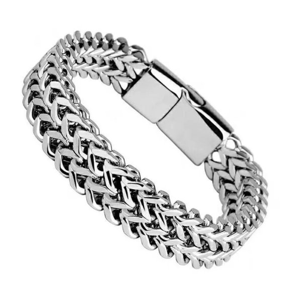 Very Cool Mesh18k. White Gold Plated Stainless Steel Men's Bracelet. 7.5" Long - Picture 3 of 3